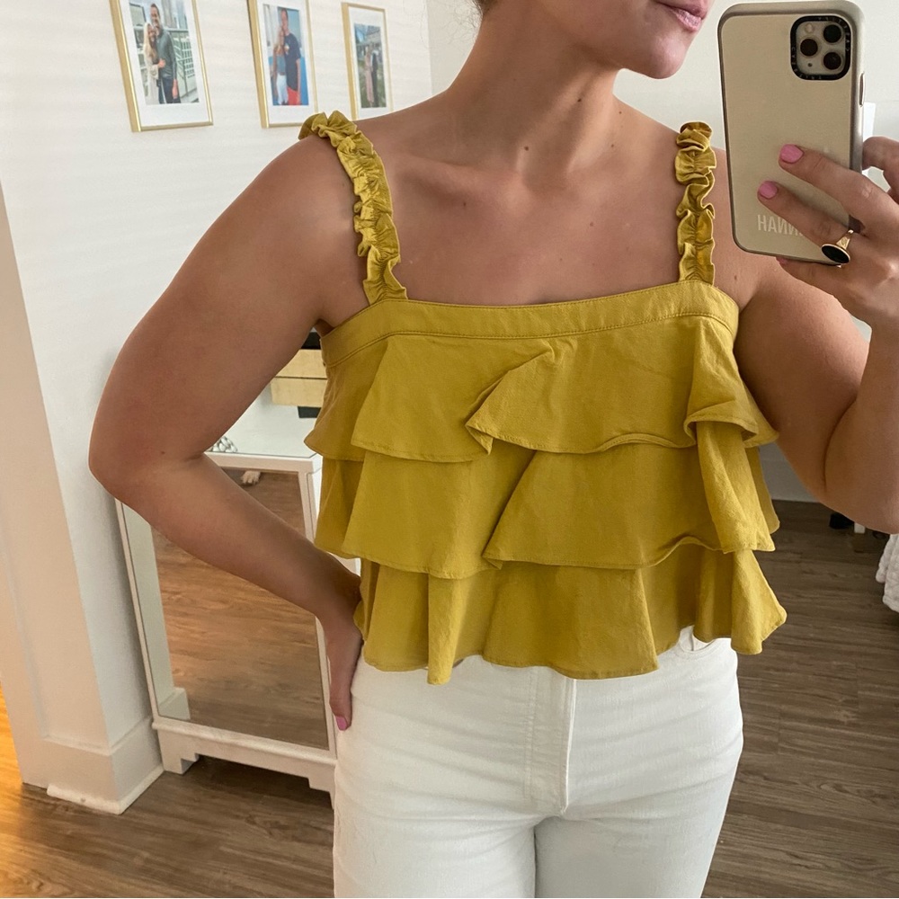Mustard tiered ruffle cropped tank top